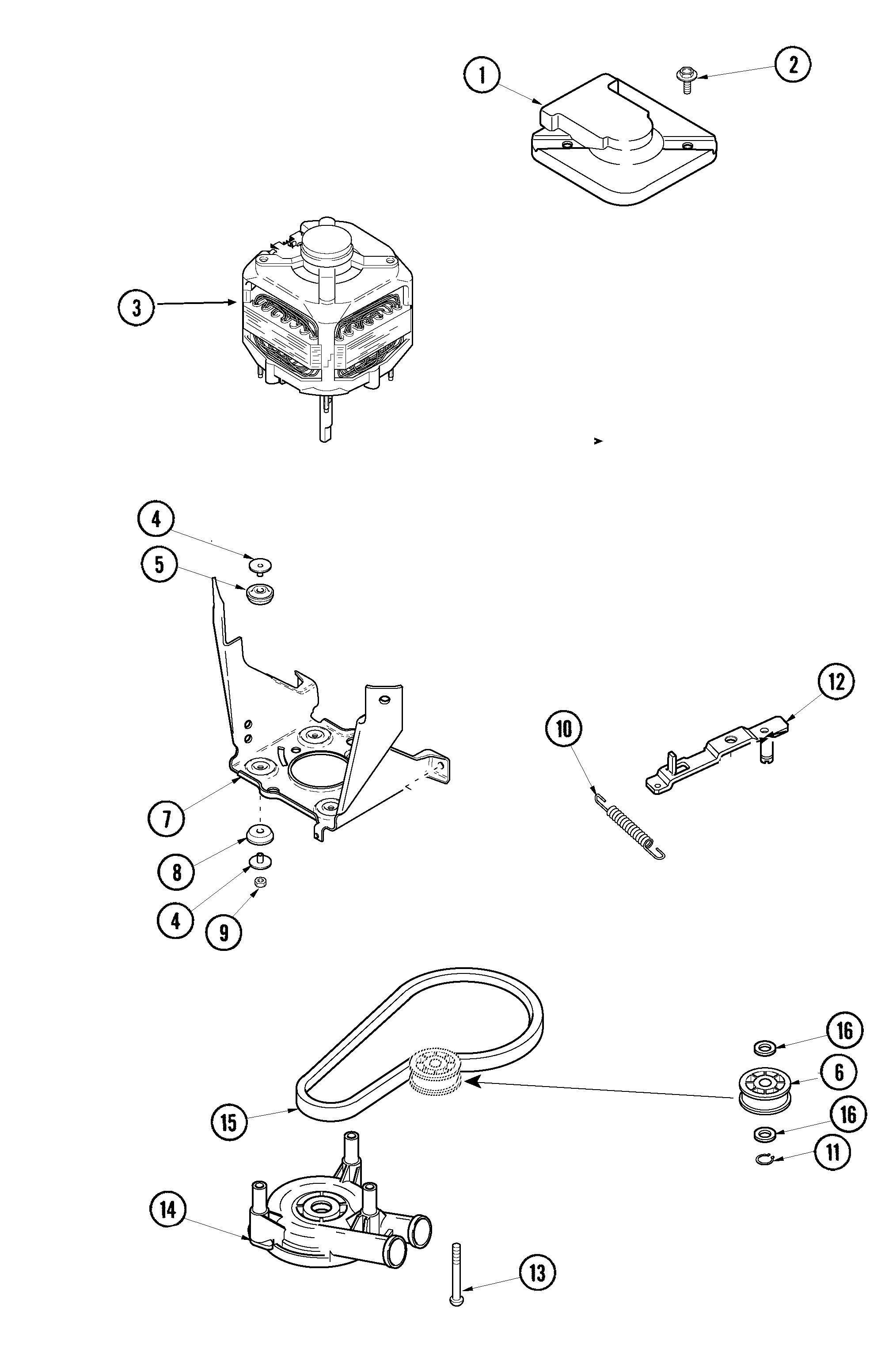 Motor, pump and idler assembly
