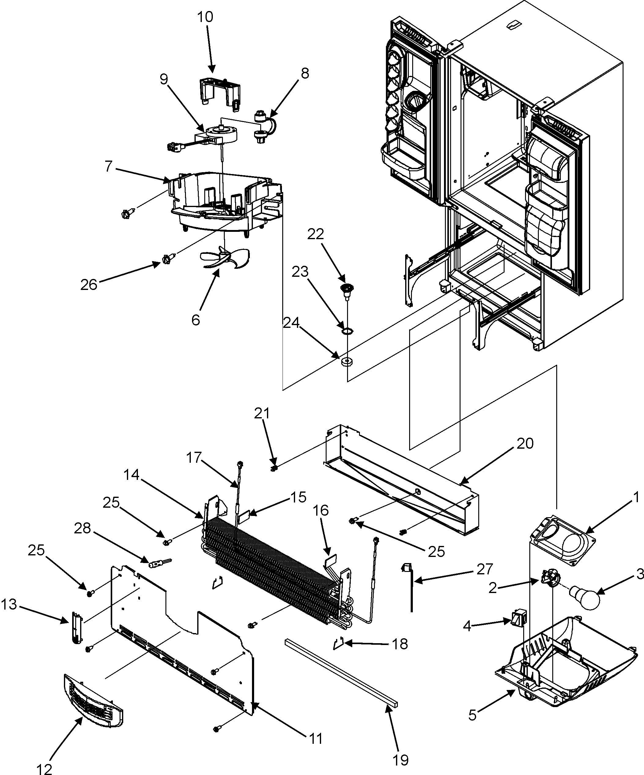 Freezer lights, evap & evap fan assembly
