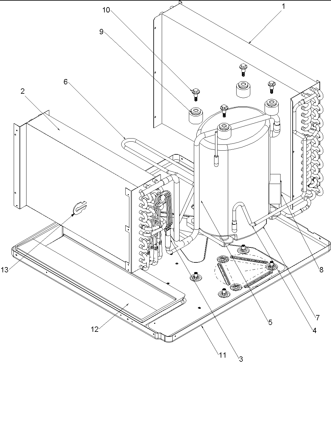 Evaporator, condenser and compressor