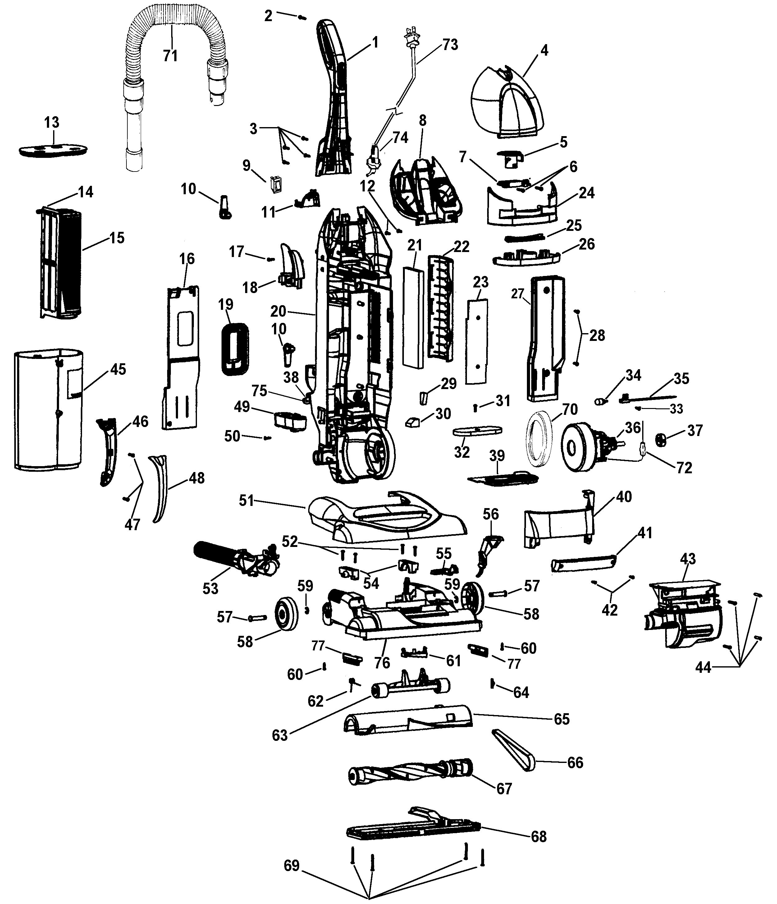 Motor, handle, hose, baghousing, handle