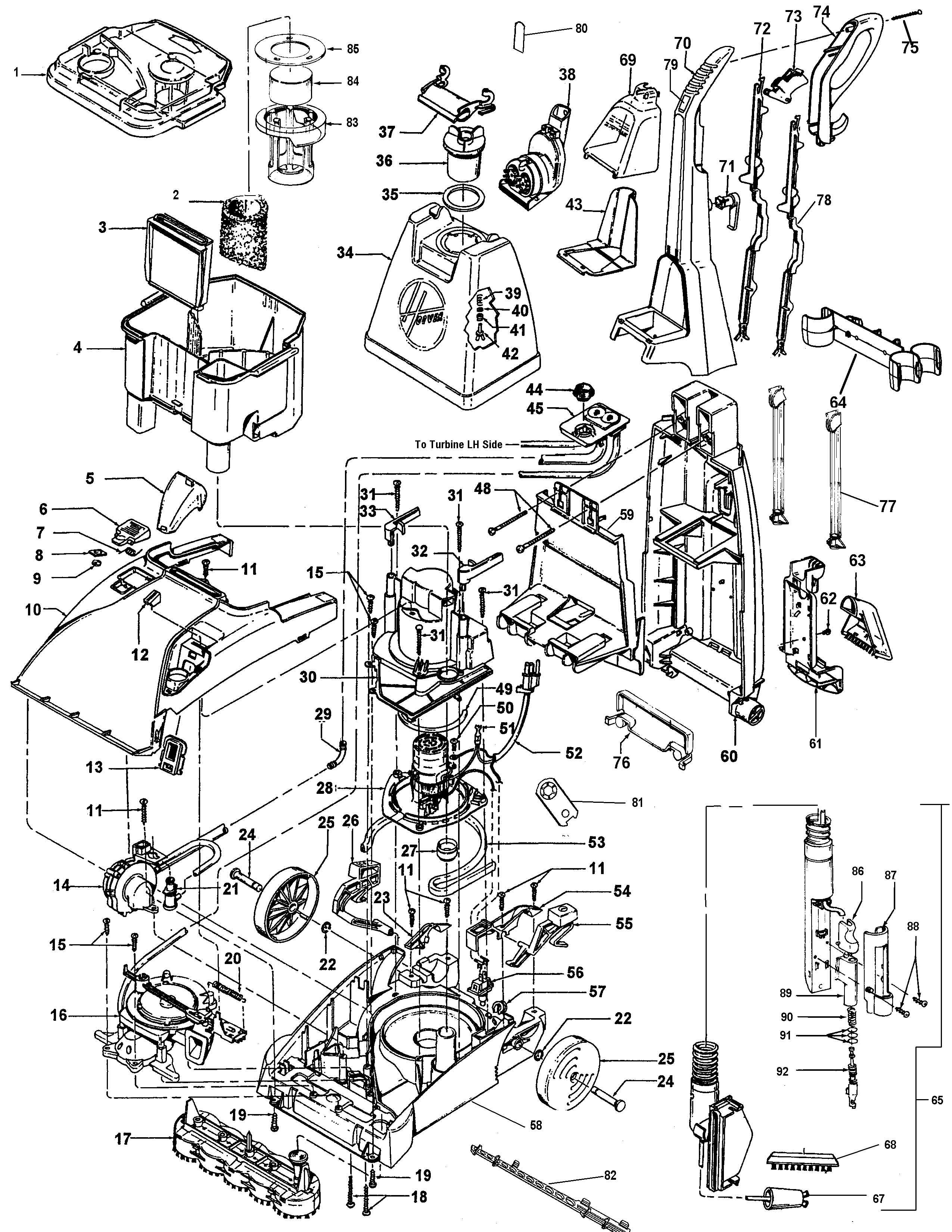 Motor, hose, cleaningtools, handle, tank