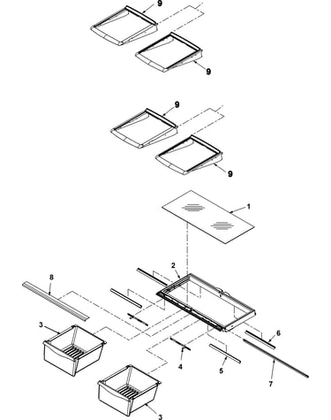 Refrigerator shelves & crisper assy