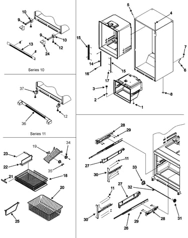 Interior cabinet/toe grille/frz shelves
