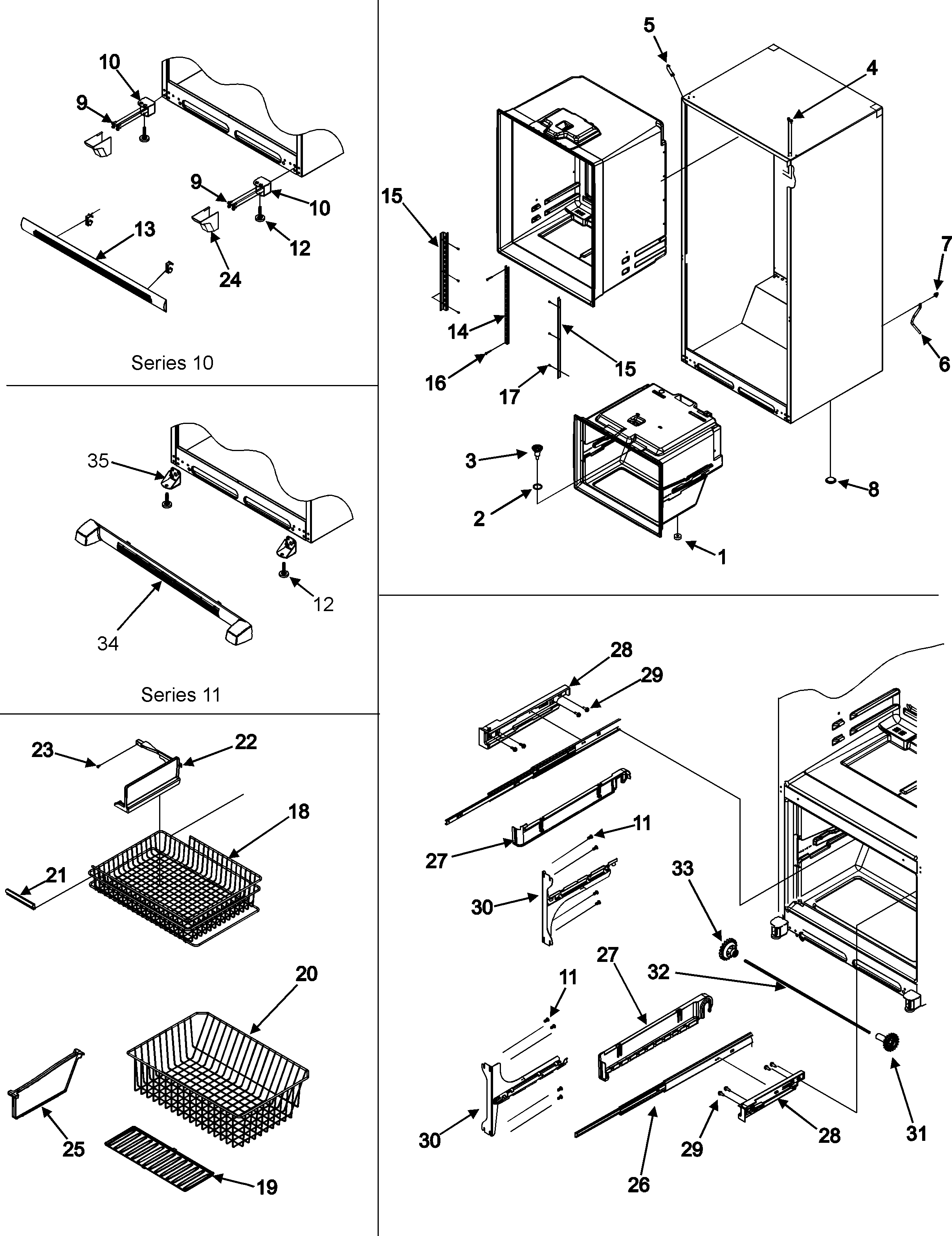 Interior cabinet/toe grille/frz shelves