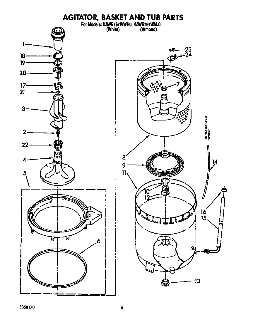Agitator, basket, and tub