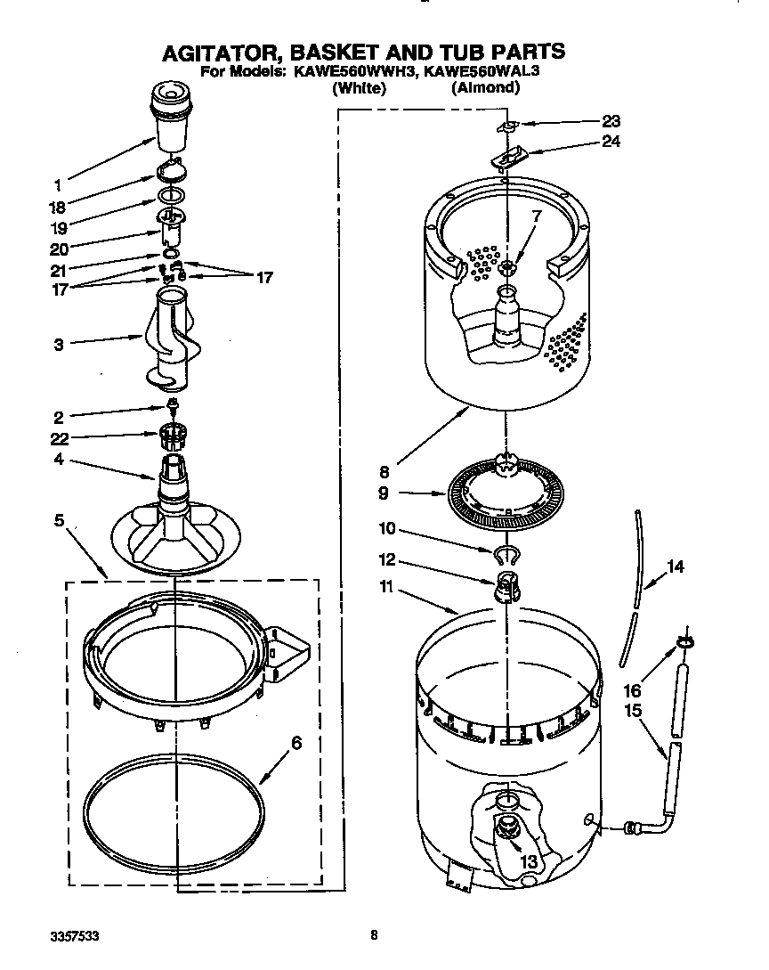 AGITATOR, BASKET AND TUB