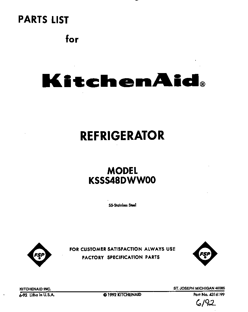 Official KitchenAid KSSS48DWW00 sidebyside refrigerator parts Sears