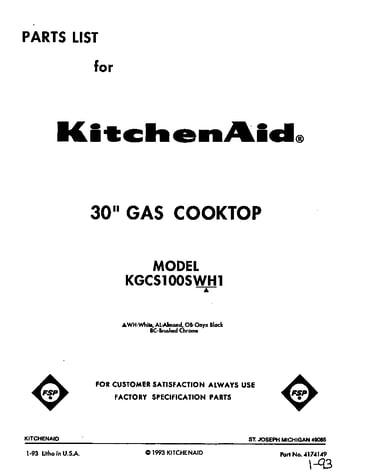 Parts list cover sheet