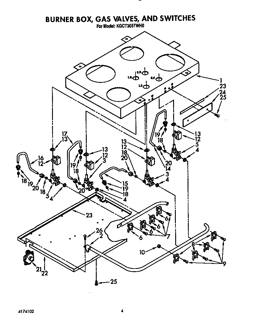 Burner box, gas valves and switches