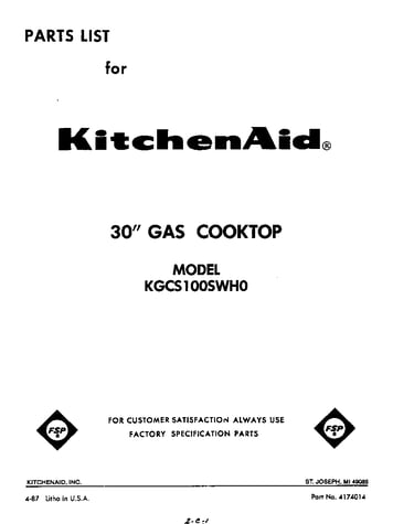 Parts list cover sheet