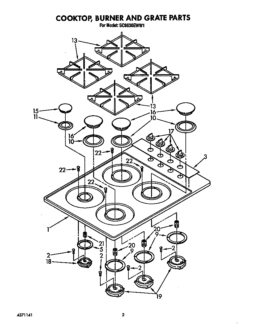 Cooktop, burner and grate parts