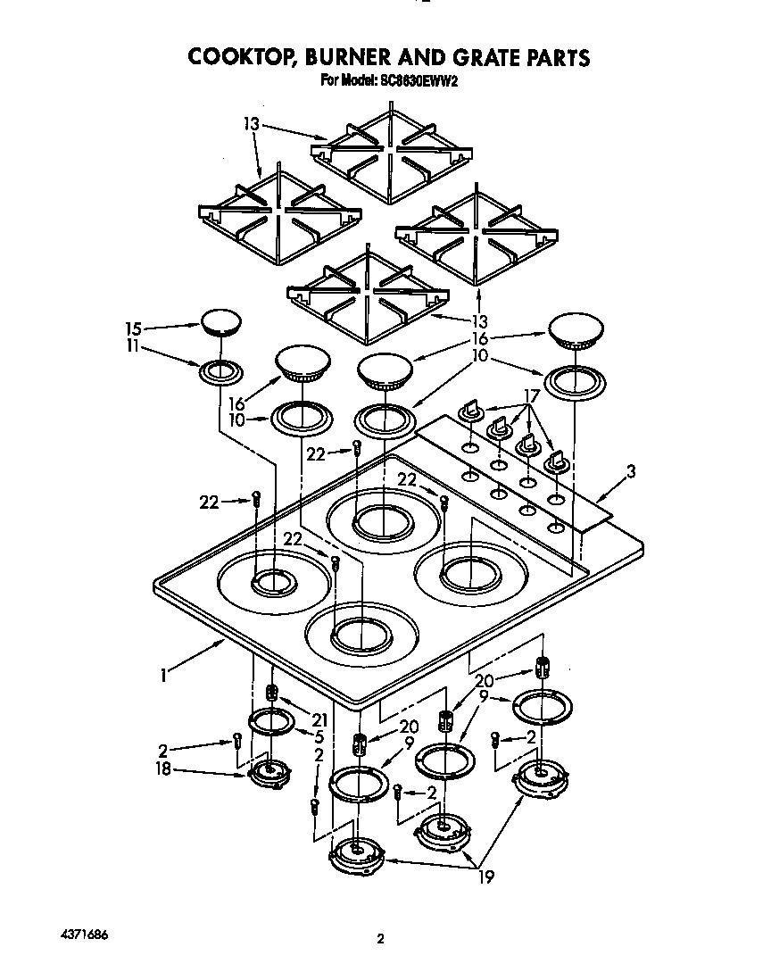 Cooktop, burner, and grate parts