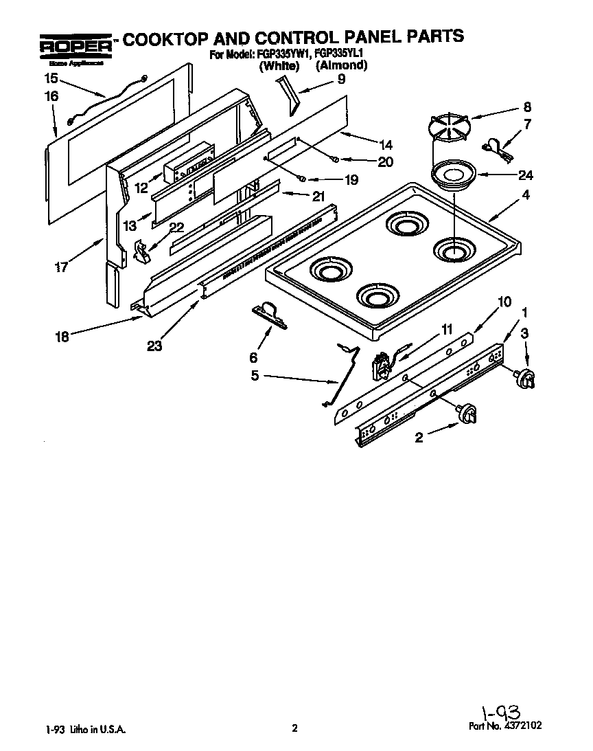 Cooktop and control panel parts