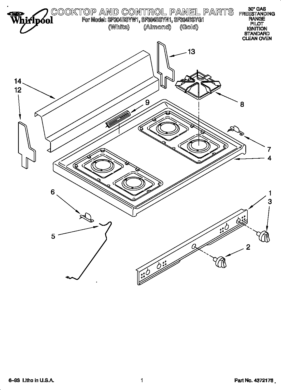 Cooktop and control panel parts