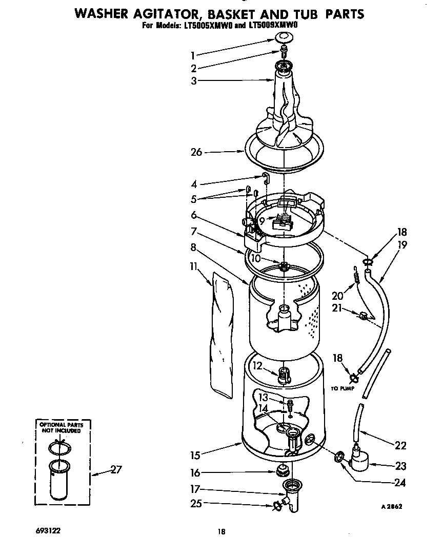 Washer agitator, basket and tub