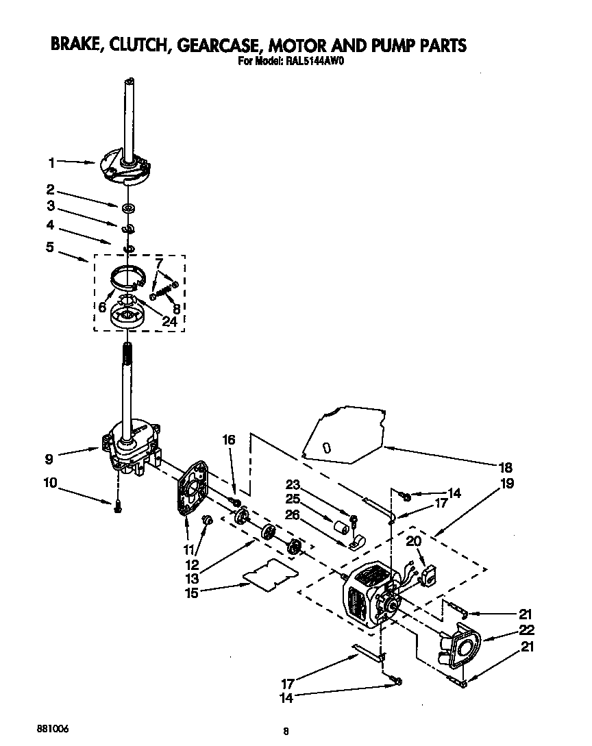 BRAKE, CLUTCH, GEARCASE, MOTOR, AND PUMP