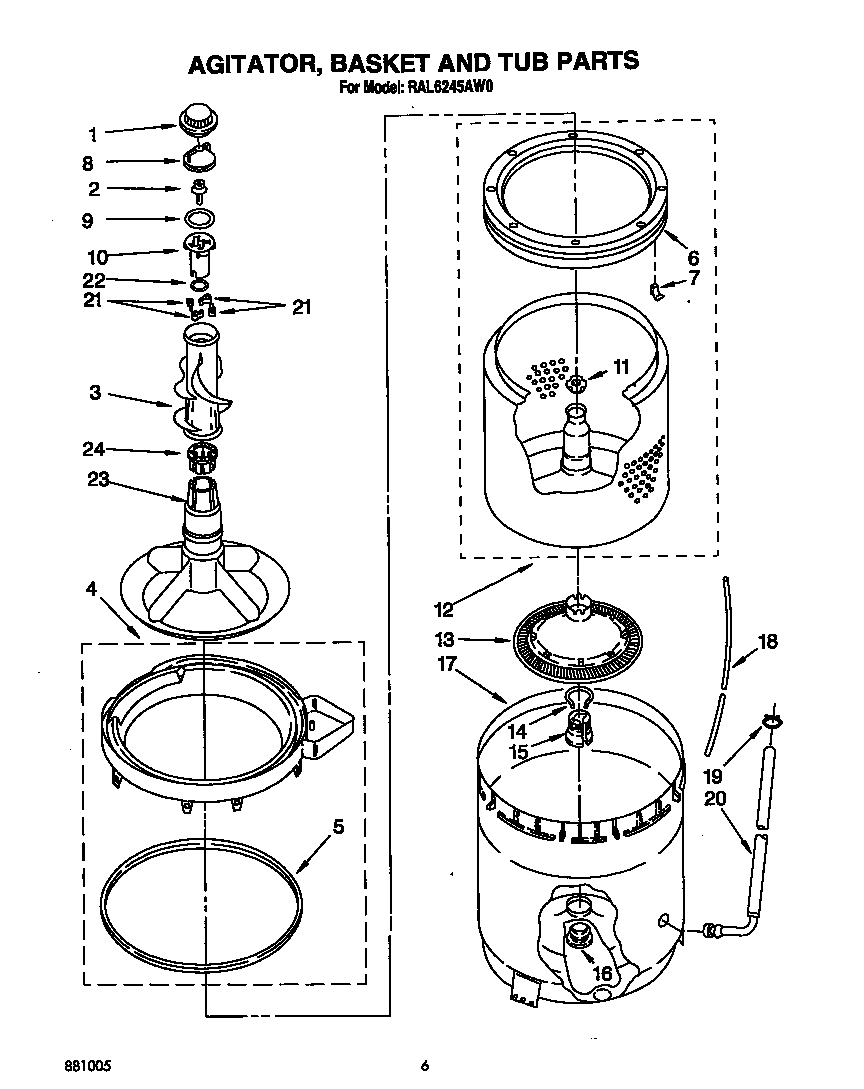 Agitator, basket, and tub
