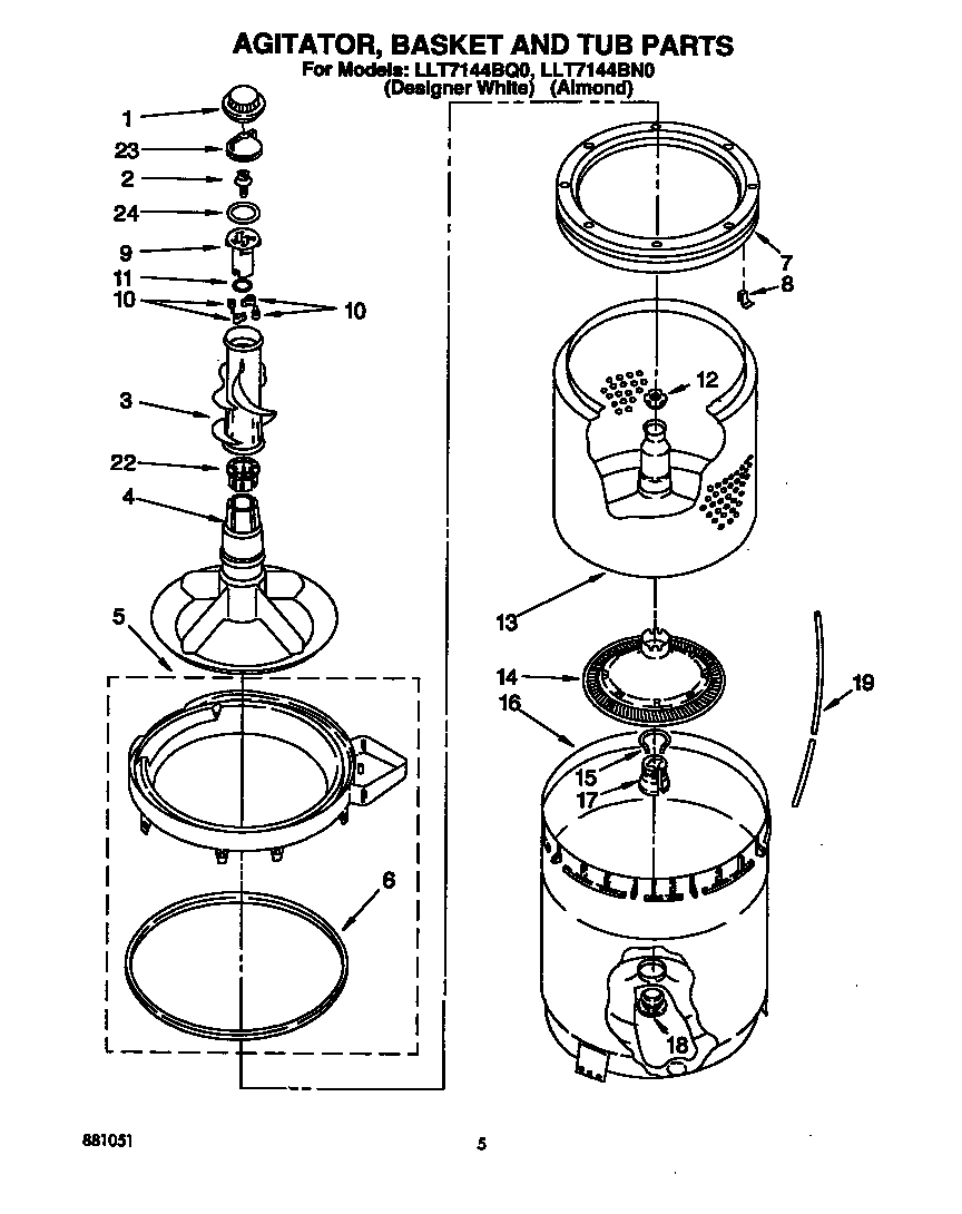 AGITATOR, BASKET AND TUB