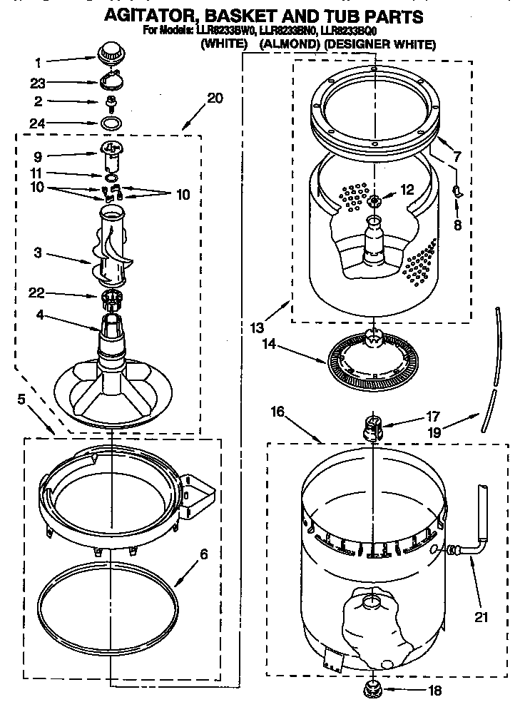 Agitator, basket, and tub