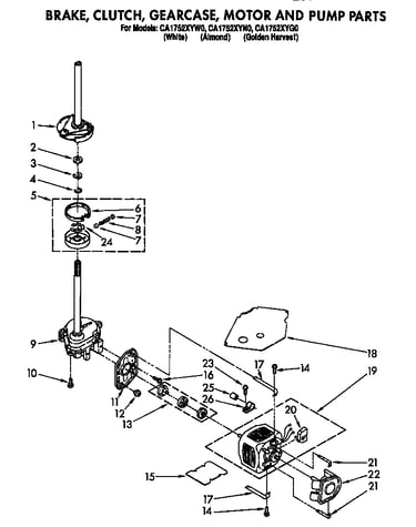Brake, clutch, gearcase, motor and pump