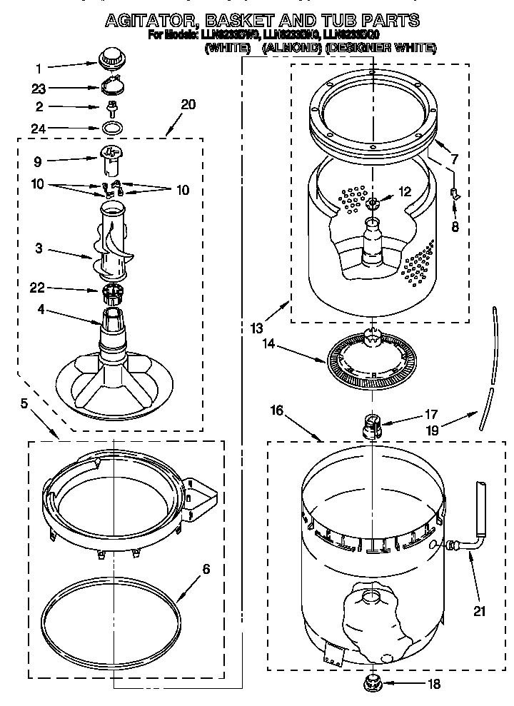 AGITATOR, BASKET AND TUB