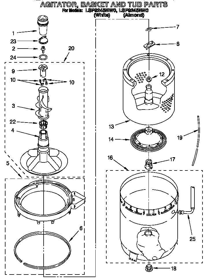 Agitator, basket and tub