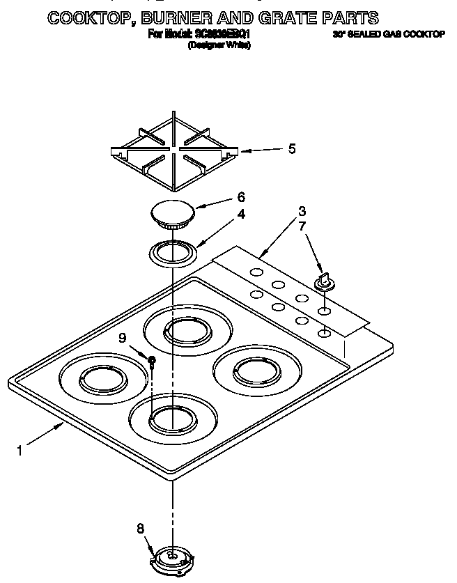 Cooktop, burner and grate