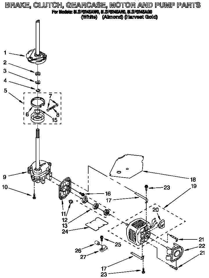 Brake, clutch, gearcase, motor and pump
