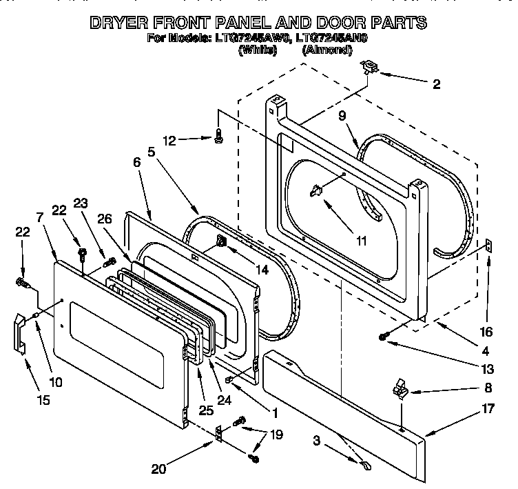 Dryer front panel and door