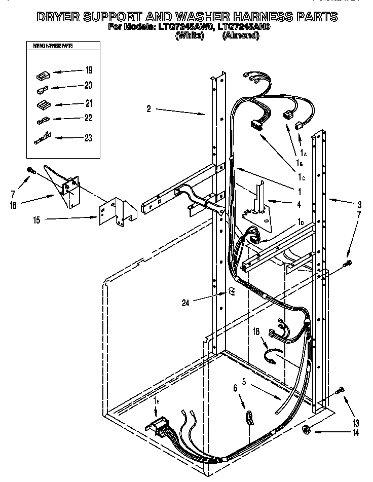 Dryer support and washer harness