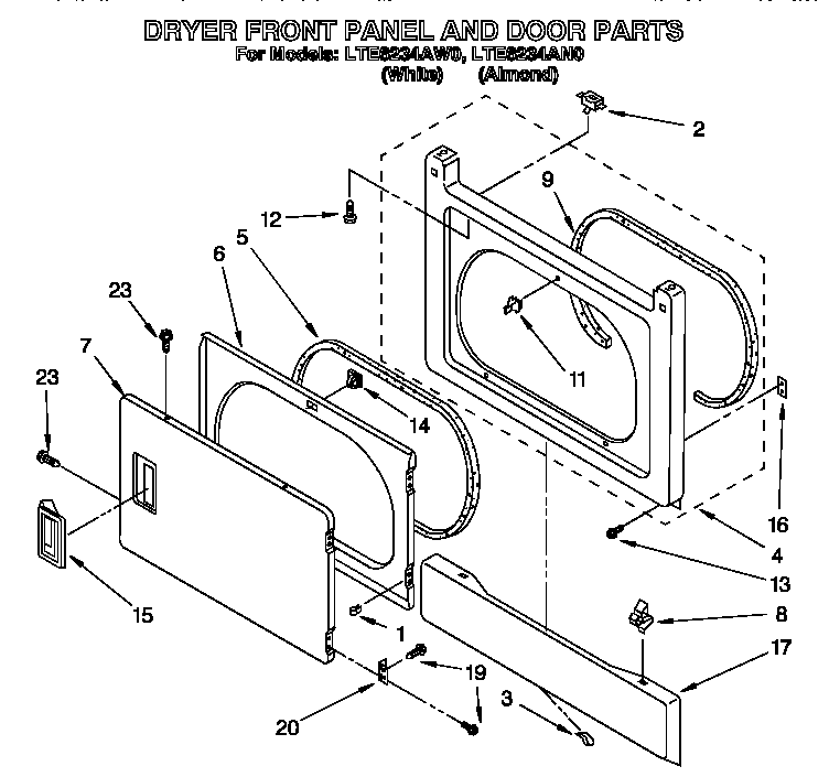 Dryer front panel and door