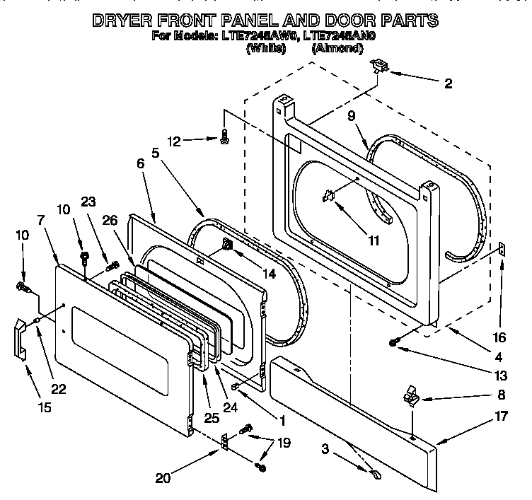 Dryer front panel and door