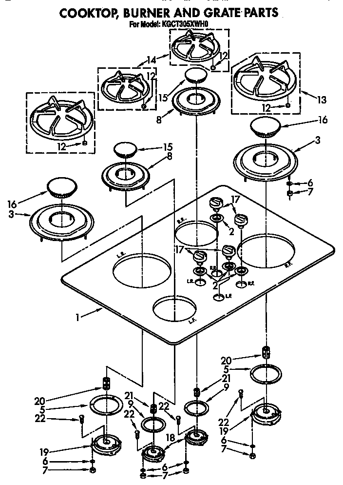 Cooktop, burner and grate