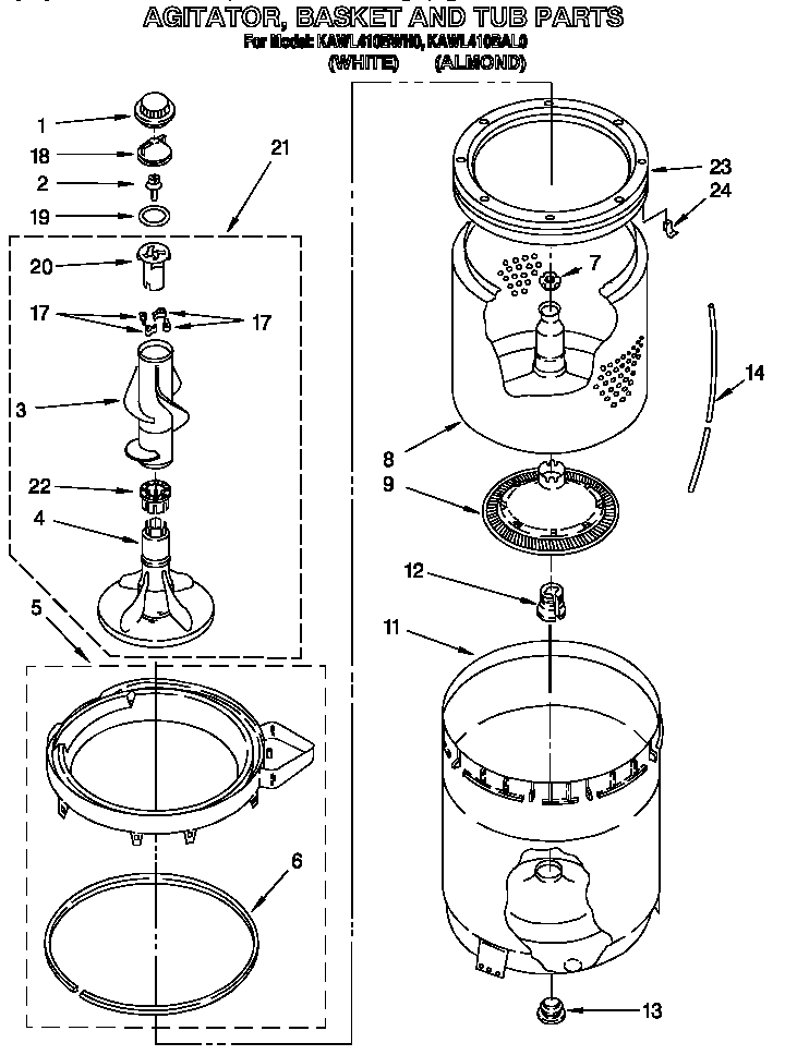 Agitator, basket and tub