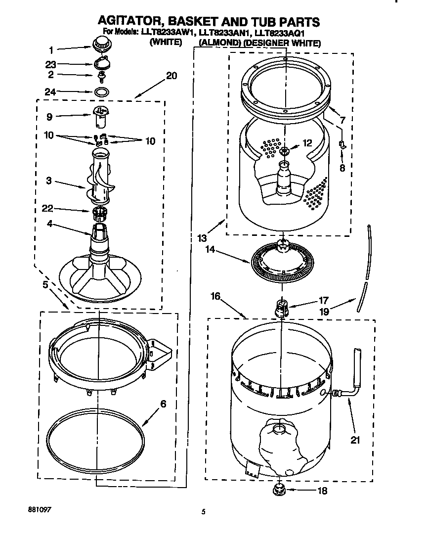 AGITATOR, BASKET AND TUB