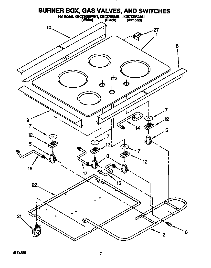 Burner box, gas valves, and switches