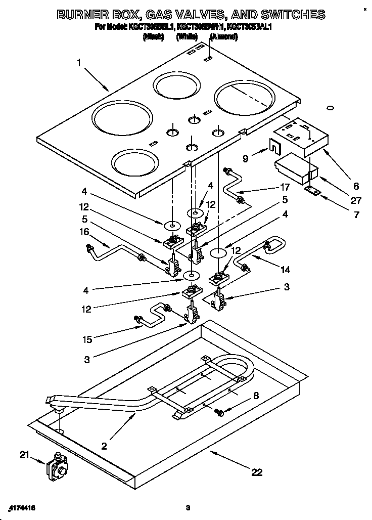 Burner box, gas valves, and switches