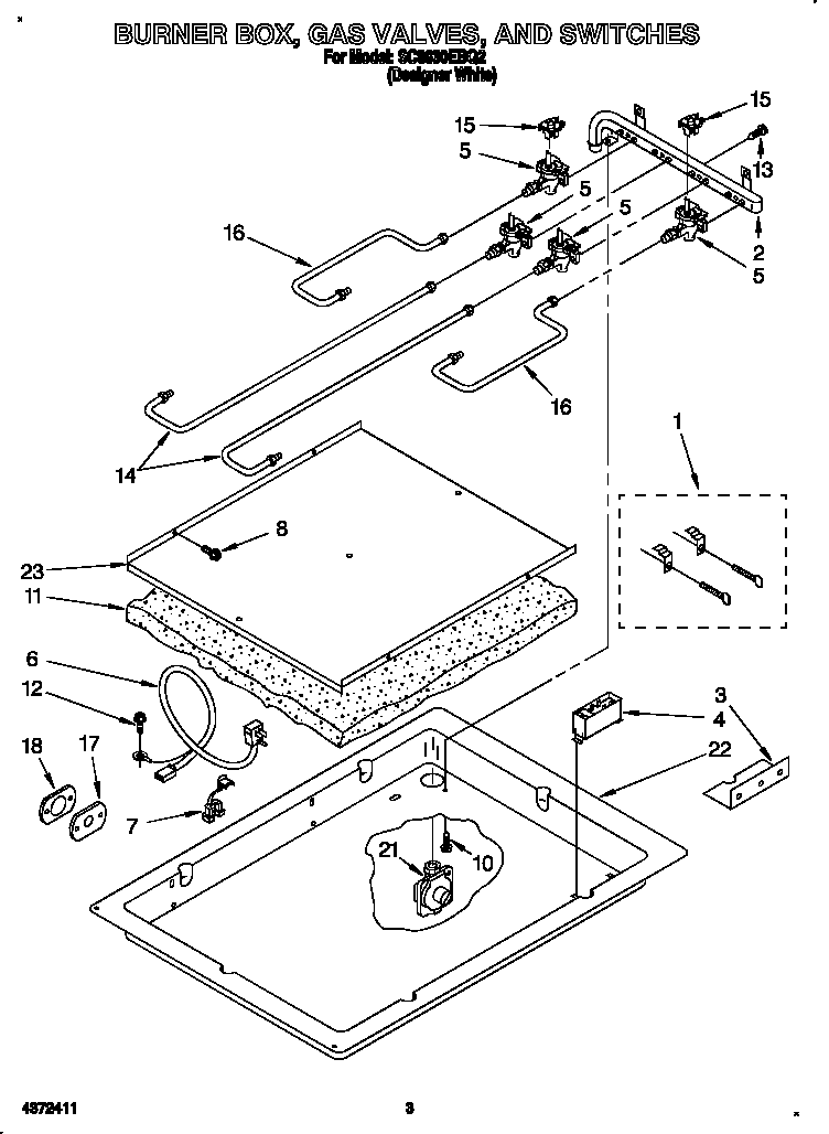 BURNER BOX, GAS VALVES, AND SWITCHES