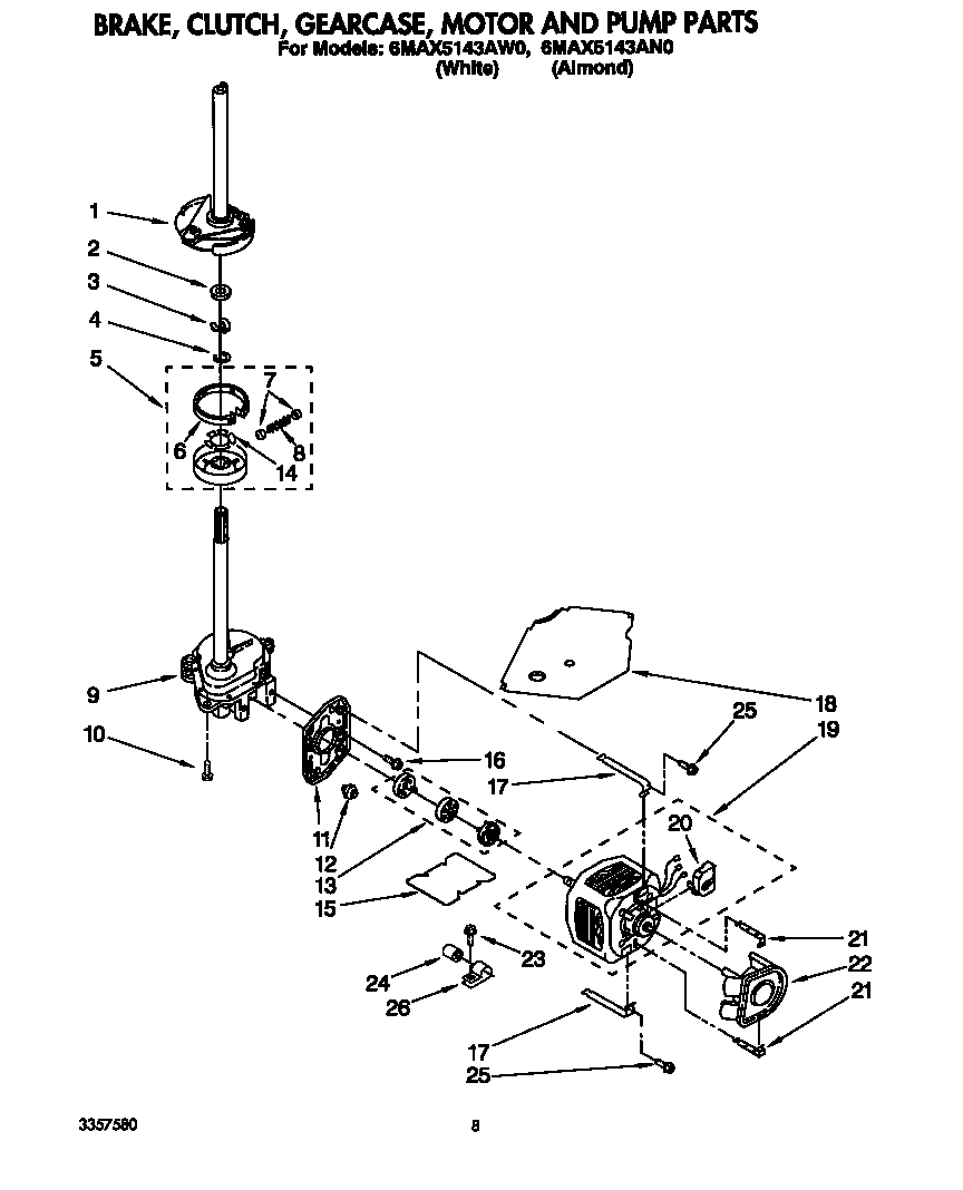 Brake, clutch, gearcase, motor and pump