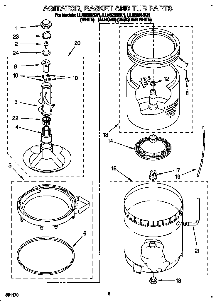 AGITATOR, BASKET AND TUB