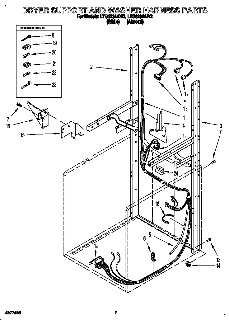 Dryer support and washer harness