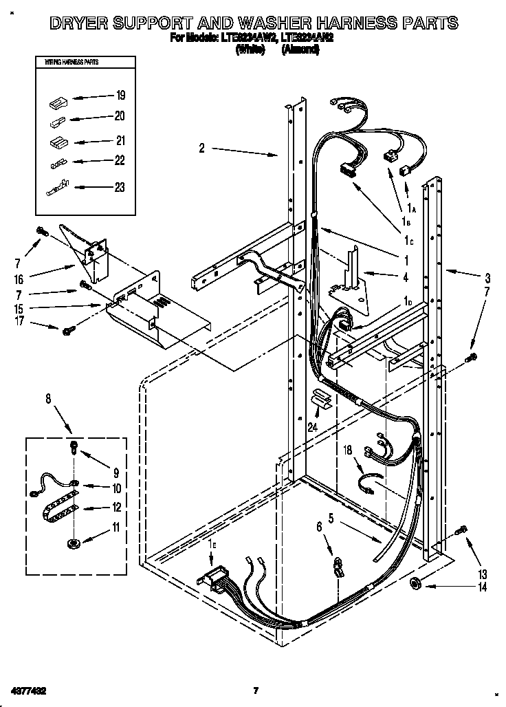Dryer support and washer harness