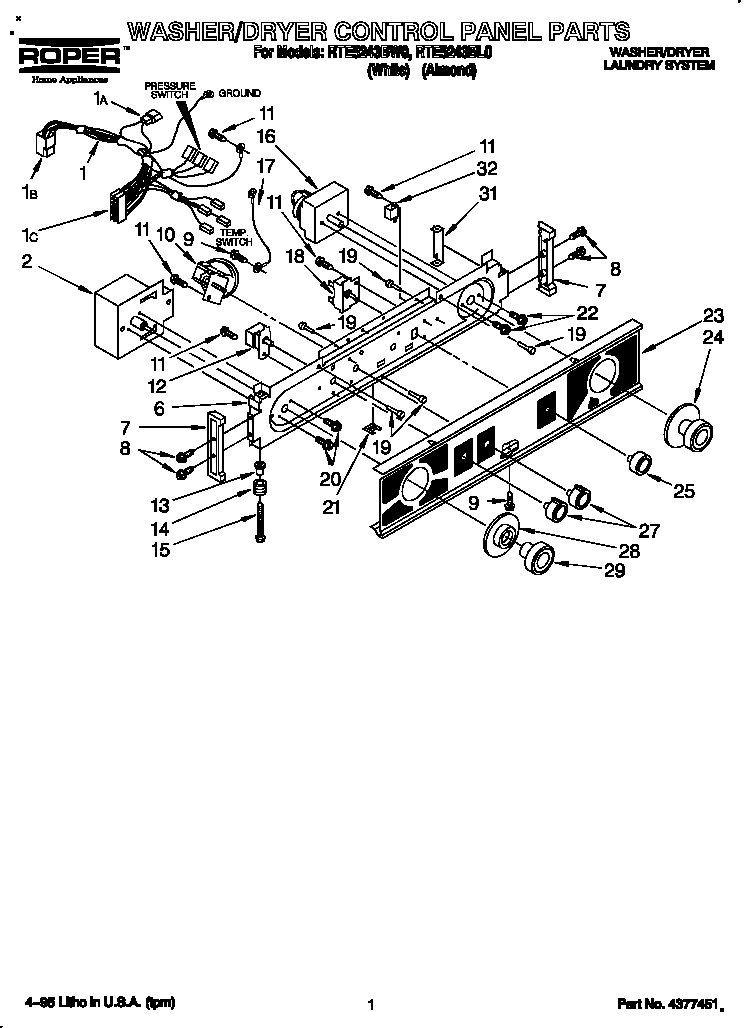 WASHER/DRYER CONTROL PANEL