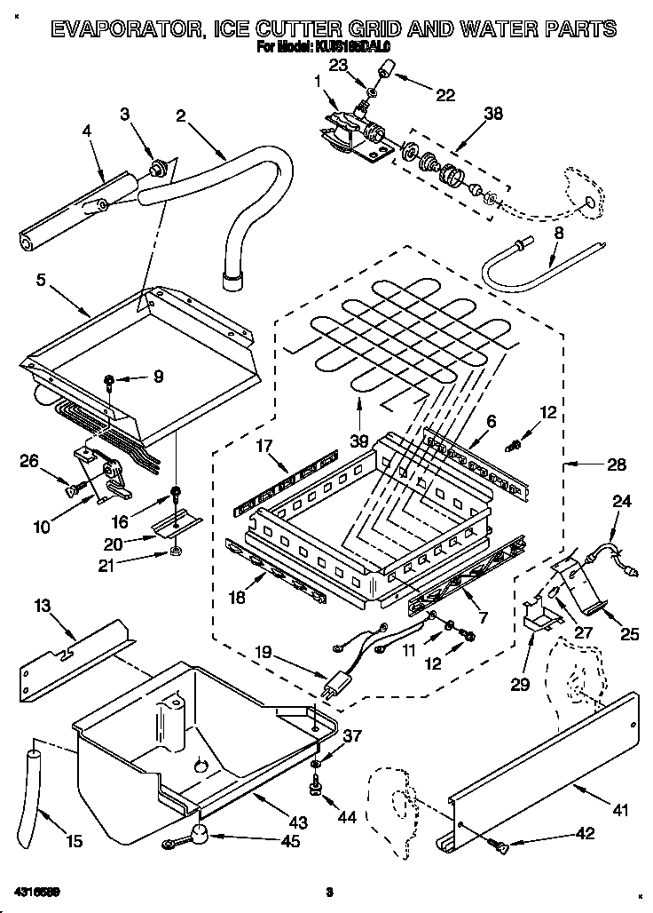Evaporator, ice cutter grid and water