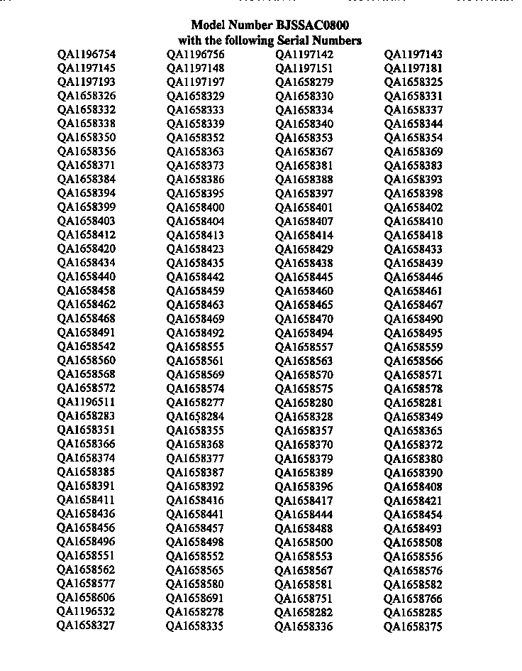 Serial numbers for bjssac0800