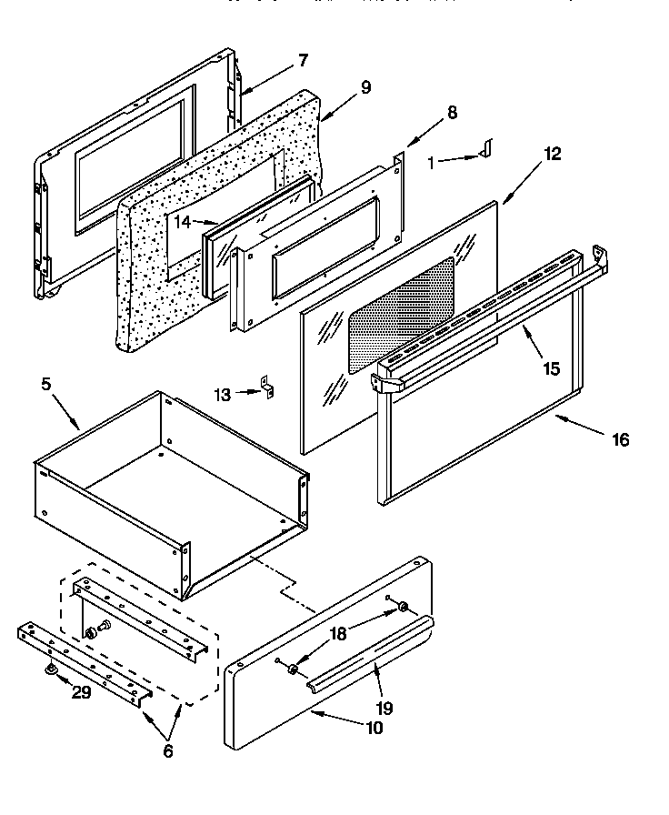 Oven door and storage drawer