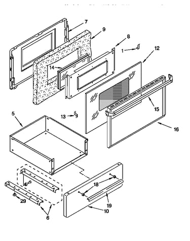 Oven door and storage drawer