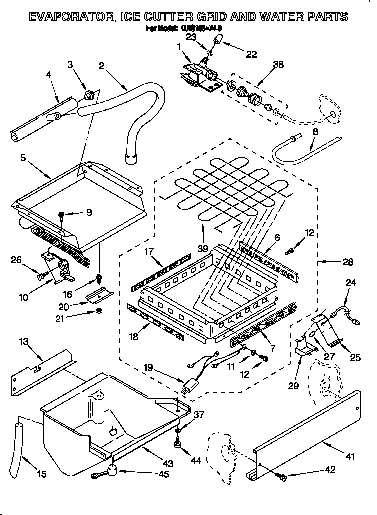 Evaporator, ice cutter grid and water