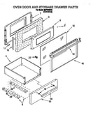 Oven door and storage drawer