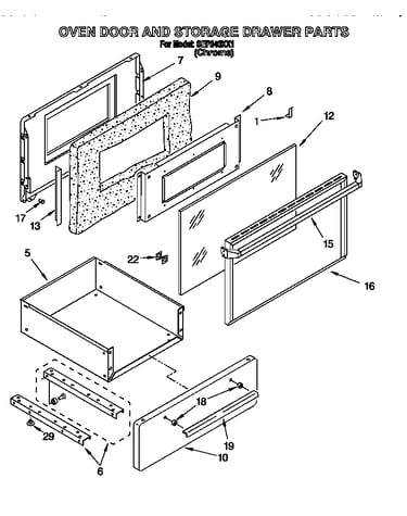 Oven door and storage drawer